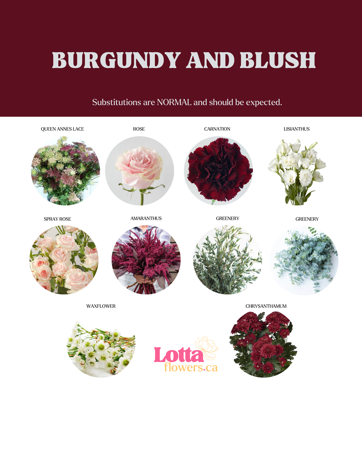 Flower chart showing Burgundy and Blush' color scheme with Lotta Flowers Co branding.